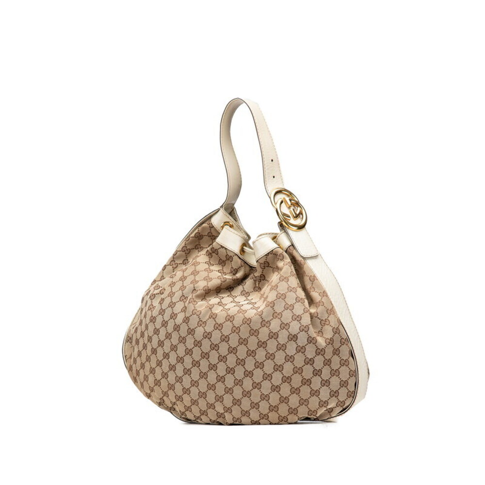Gucci Hobo GG Beige Canvas Tan Bag Shoulder Leather White